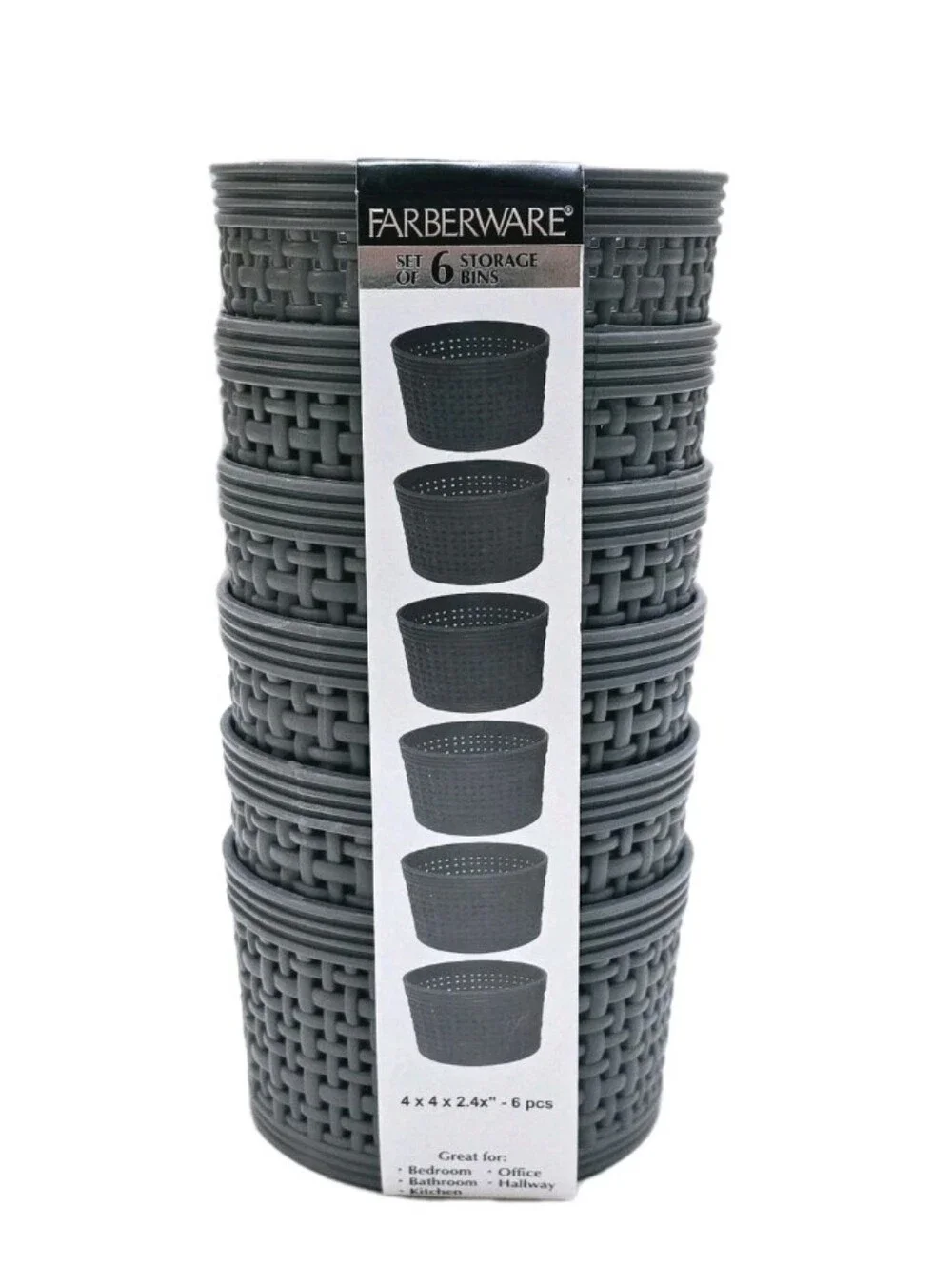 New 6pc Farberware Small Storage Bins Set Weave Gray Round Desktop Containers